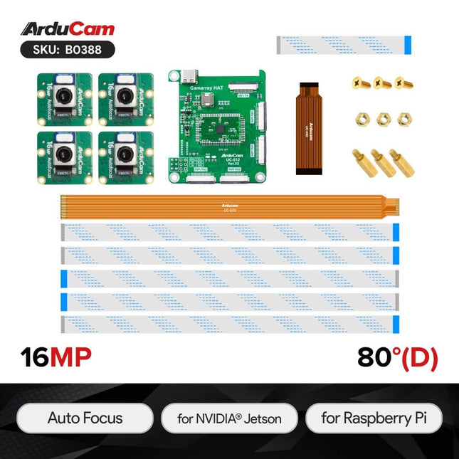 Arducam Camera B0388 Arducam 16MP IMX519 Autofocus Synchronized Quad-Camera Kit for Raspberry Pi, Jetson