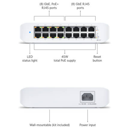 Ubiquiti-UniFi Ethernet Switch Ubiquiti UniFi USW-LITE-16-POE 16 Port Gigabit Ethernet Switch 8 PoE