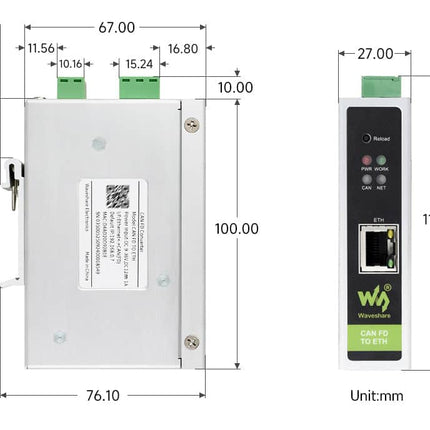 Waveshare CAN BUS CAN FD to ETH Protocol Converter Bidirectional DIN-Rail