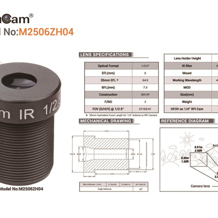 Arducam Camera Arducam 1/2.5" M12 Mount 6mm Focal Length Camera Lens M2506ZH04