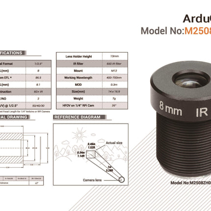 Arducam Camera Arducam 1/2.5" M12 Mount 8mm Focal Length Camera Lens M2508ZH02