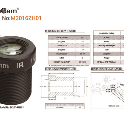 Arducam Camera Arducam 1/2" M12 Mount 16mm Focal Length Camera Lens M2016ZH01