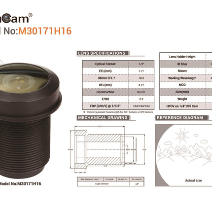 Arducam Camera Arducam 1/3" M12 Mount 1.71mm Focal Length Camera Lens M30171H16