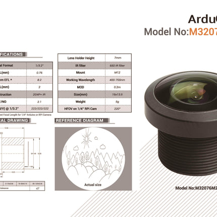 Arducam Camera Arducam M12 Mount 0.76mm Focal Length Camera Lens M32076M20