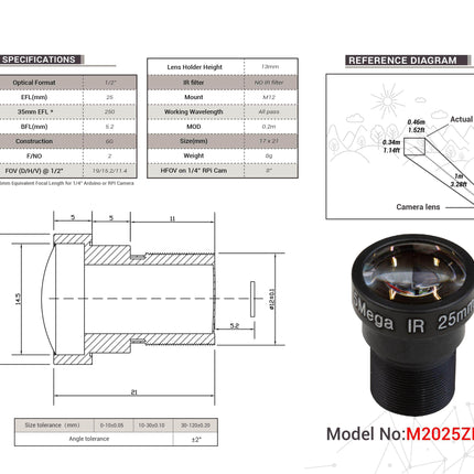 Arducam Camera Arducam M12 Mount 25mm Focal Length Lens M2025ZH01 LN016
