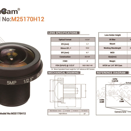 Arducam Camera Arducam M12 Mount Camera Lens M25170H12, 1/2.5" Optical Format Fisheye