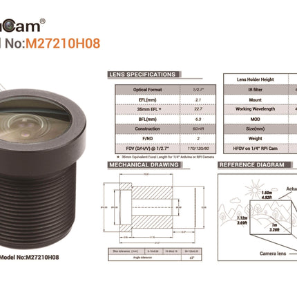 Arducam Camera Arducam M12 Mount Camera Lens M27210H08, 1/2.7" Optical Format, 2.1mm Focal Length