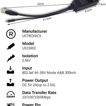 Arducam Raspberry Pi Gigabit PoE Splitter - Micro USB Power Supply & Gigabit Ethernet