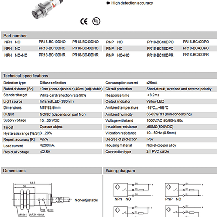 Lanbao Photoelectric Sensors Photoelectric Sensor 10cm PR18-BC10DNO Diffuse Reflection