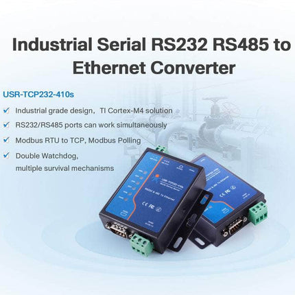 USR IOT IoT Comms RS232 RS485 Ethernet Converter, Serial Ethernet to Modbus Converter USR-TCP232-410S
